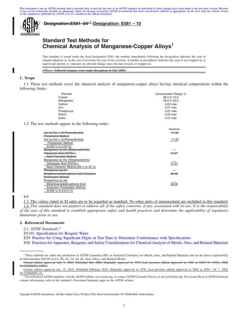 REDLINE ASTM E581-10 - Standard Test Methods for Chemical Analysis of Manganese-Copper Alloys
