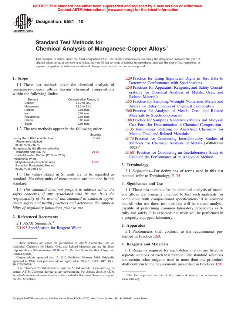 ASTM E581-10 - Standard Test Methods for Chemical Analysis of Manganese-Copper Alloys