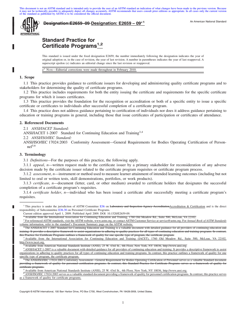 REDLINE ASTM E2659-09e1 - Standard Practice for Certificate Programs