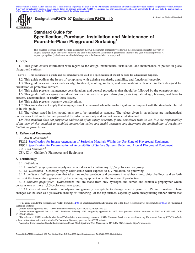 REDLINE ASTM F2479-10 - Standard Guide for Specification, Purchase, Installation and Maintenance of Poured-In-Place Playground Surfacing