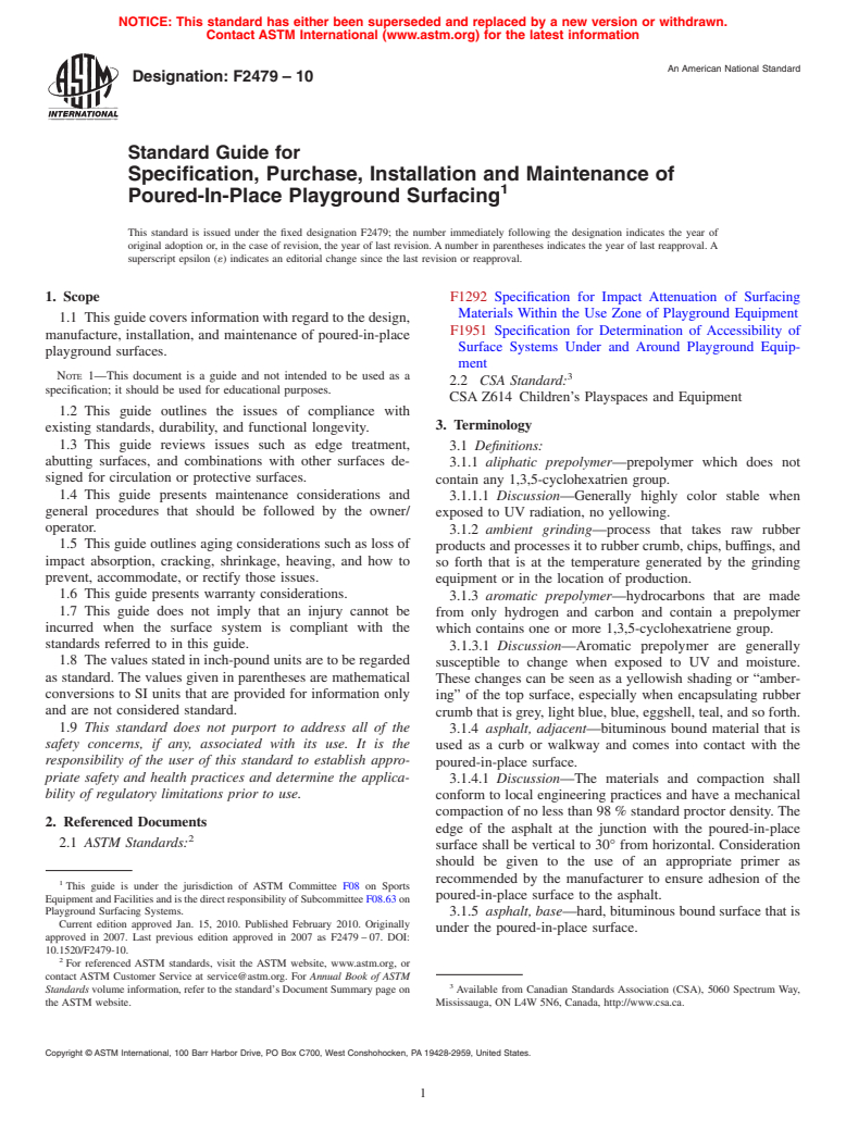 ASTM F2479-10 - Standard Guide for Specification, Purchase, Installation and Maintenance of Poured-In-Place Playground Surfacing