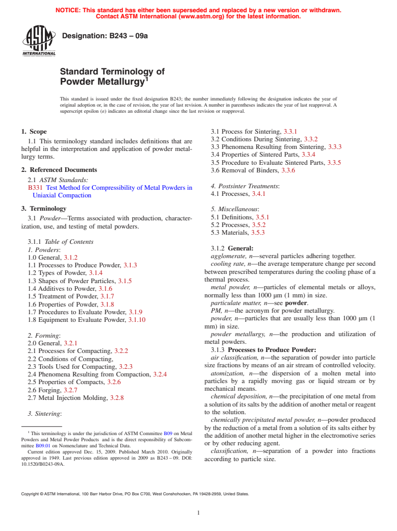 ASTM B243-09a - Standard Terminology of  Powder Metallurgy