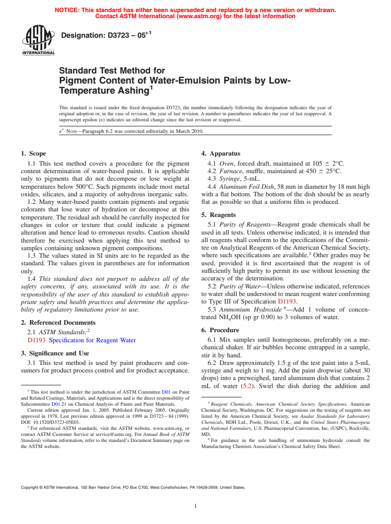 ASTM D3723-05e1 - Standard Test Method for Pigment Content of Water-Emulsion Paints by Low-Temperature Ashing