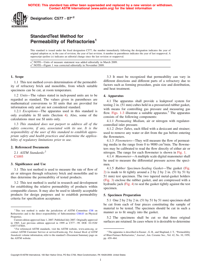 ASTM C577-07e2 - Standard Test Method for Permeability of Refractories