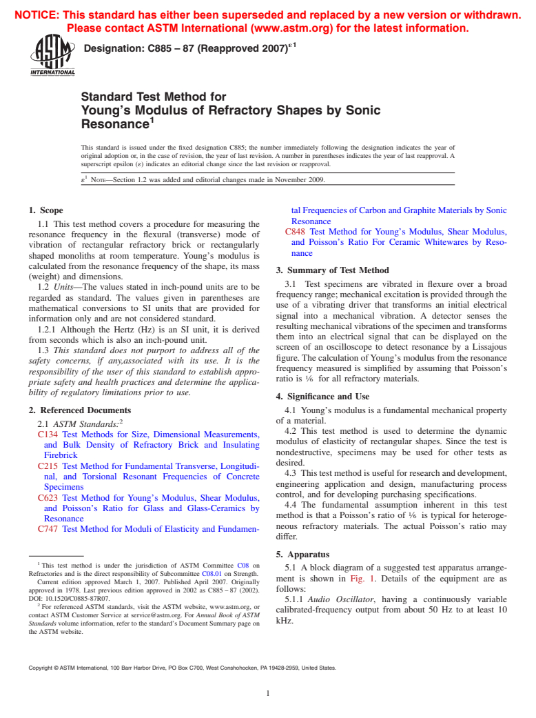 ASTM C885-87(2007)e1 - Standard Test Method for Young's Modulus of Refractory Shapes by Sonic Resonance