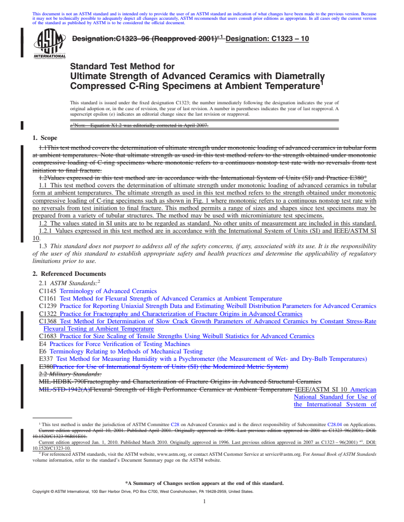 REDLINE ASTM C1323-10 - Standard Test Method for Ultimate Strength of Advanced Ceramics with Diametrally Compressed C-Ring Specimens at Ambient Temperature