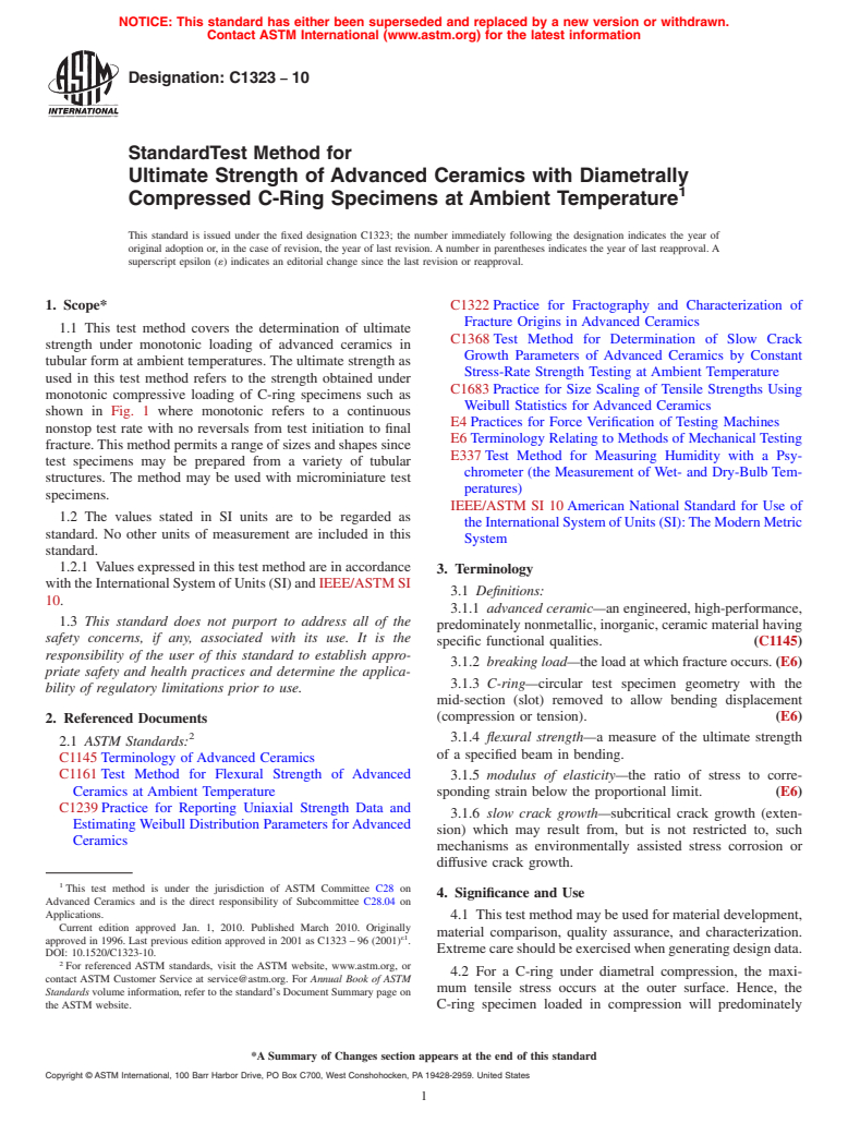 ASTM C1323-10 - Standard Test Method for Ultimate Strength of Advanced Ceramics with Diametrally Compressed C-Ring Specimens at Ambient Temperature