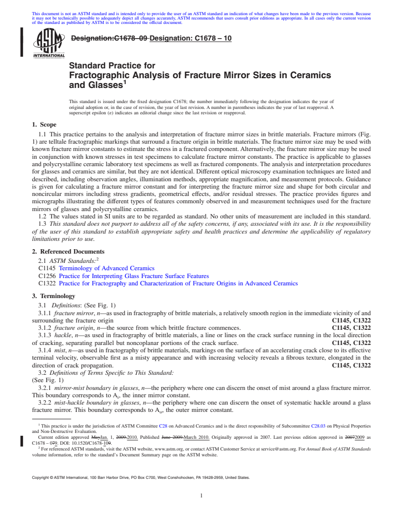 REDLINE ASTM C1678-10 - Standard Practice for Fractographic Analysis of Fracture Mirror Sizes in Ceramics and Glasses