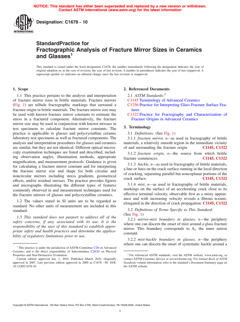 ASTM C1678-10 - Standard Practice for Fractographic Analysis of Fracture Mirror Sizes in Ceramics and Glasses