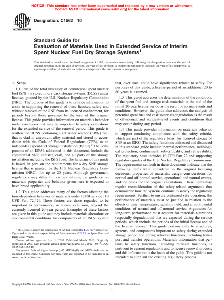 ASTM C1562-10 - Standard Guide for Evaluation of Materials Used in Extended Service of Interim Spent Nuclear Fuel Dry Storage Systems