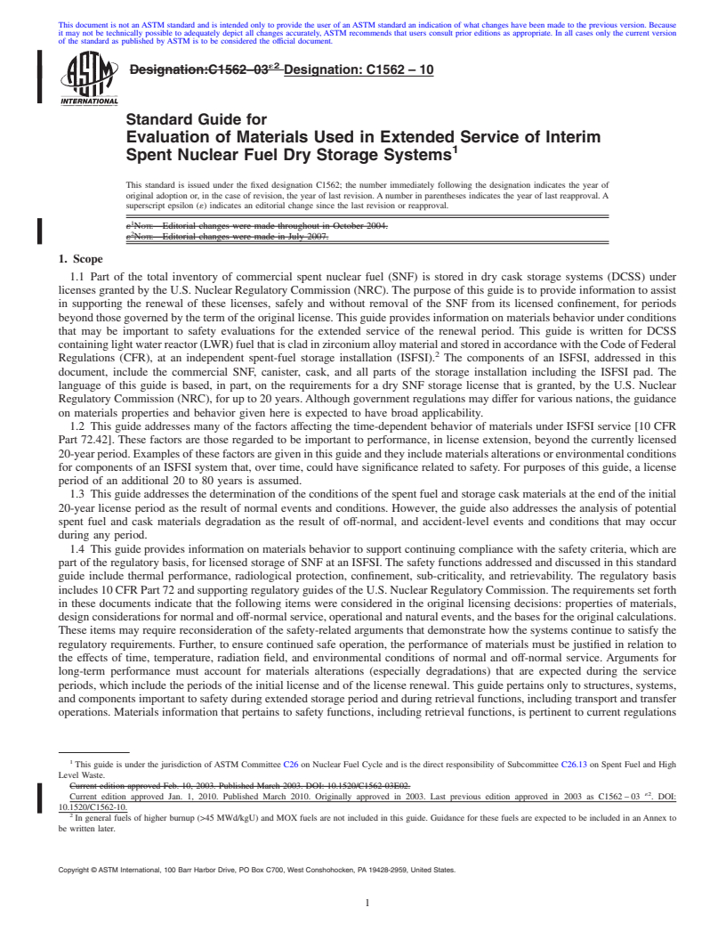 REDLINE ASTM C1562-10 - Standard Guide for Evaluation of Materials Used in Extended Service of Interim Spent Nuclear Fuel Dry Storage Systems