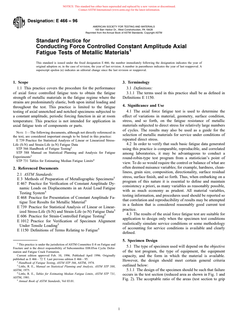 ASTM E466-96 - Standard Practice for Conducting Force Controlled Constant Amplitude Axial Fatigue Tests of Metallic Materials