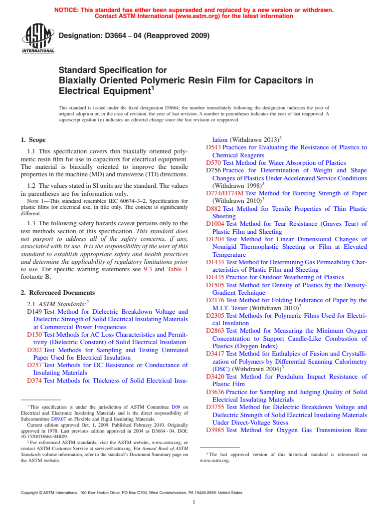 ASTM D3664-04(2009) - Standard Specification for Biaxially Oriented Polymeric Resin Film for Capacitors in Electrical Equipment