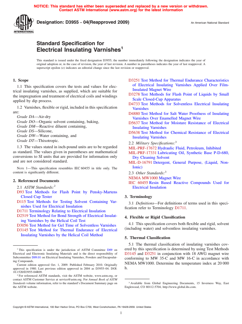 ASTM D3955-04(2009) - Standard Specification for Electrical Insulating Varnishes