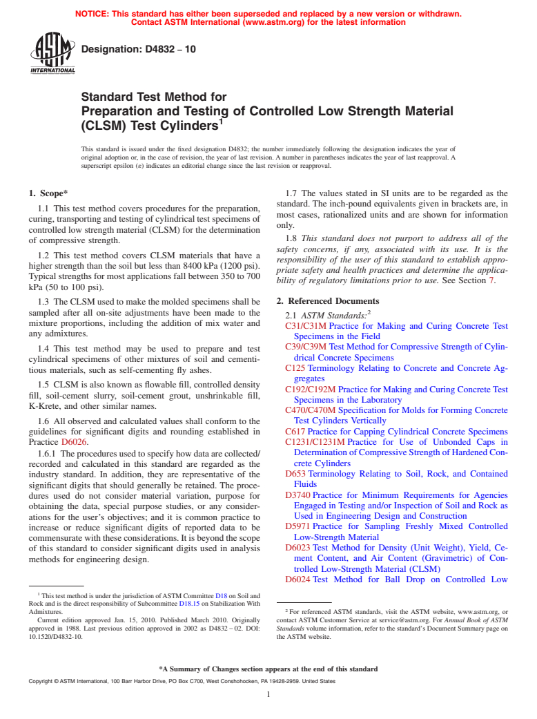 ASTM D4832-10 - Standard Test Method for Preparation and Testing of Controlled Low Strength Material (CLSM) Test Cylinders