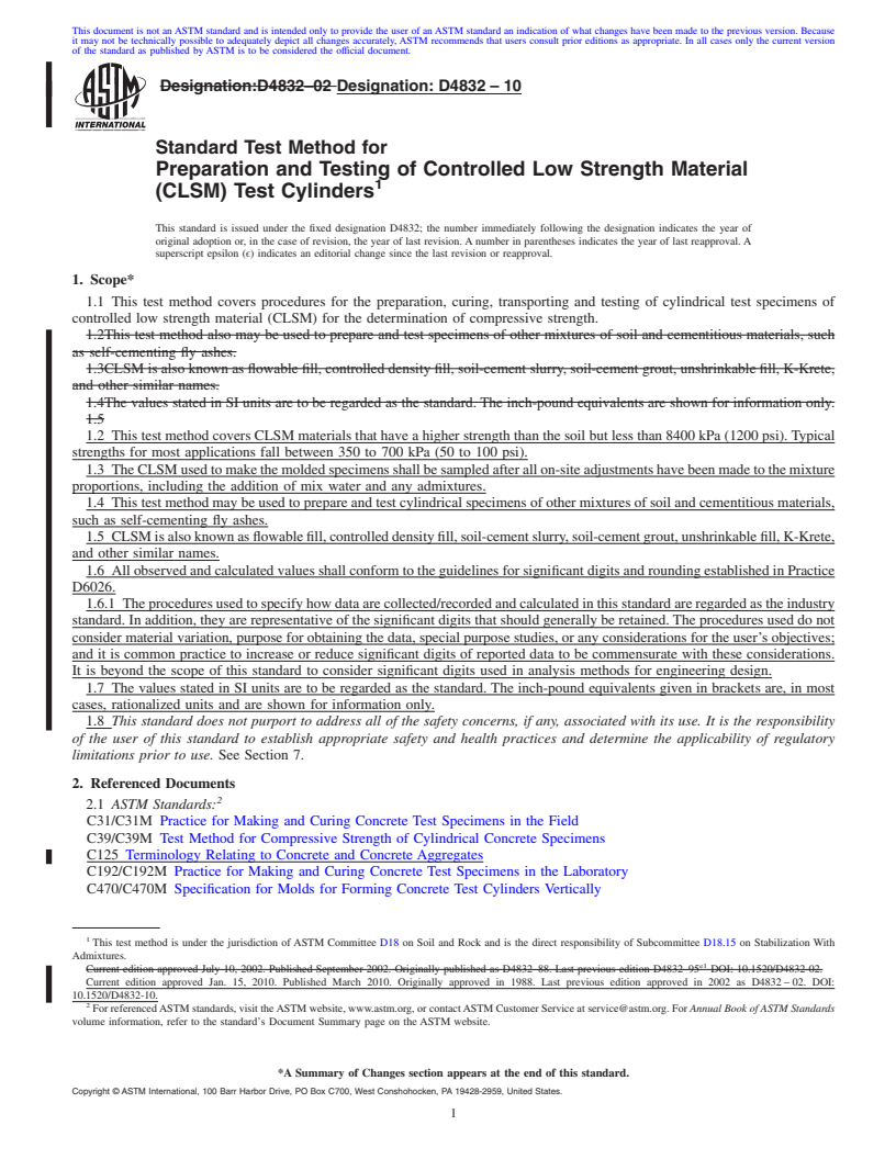 REDLINE ASTM D4832-10 - Standard Test Method for Preparation and Testing of Controlled Low Strength Material (CLSM) Test Cylinders