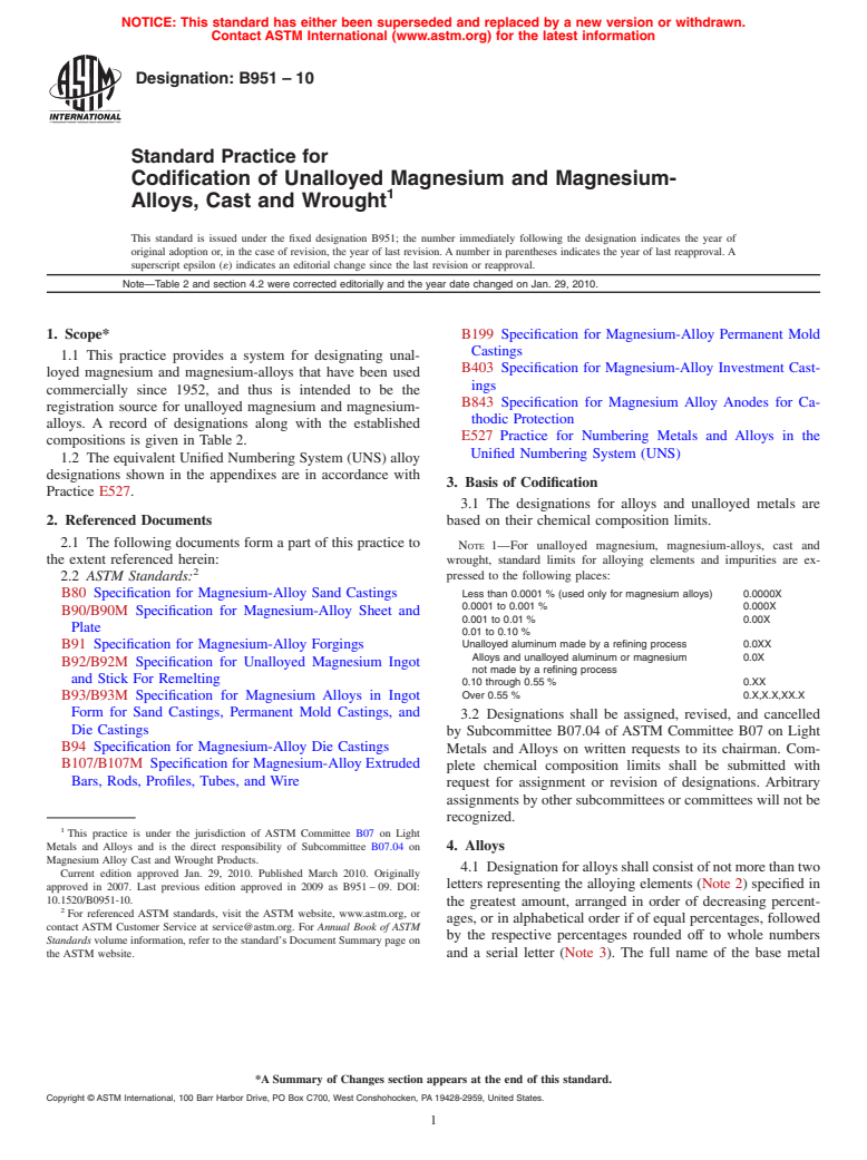 ASTM B951-10 - Standard Practice for Codification of Unalloyed Magnesium and Magnesium-Alloys, Cast and Wrought