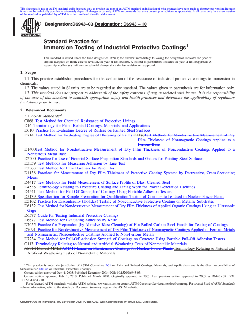 REDLINE ASTM D6943-10 - Standard Practice for Immersion Testing of Industrial Protective Coatings