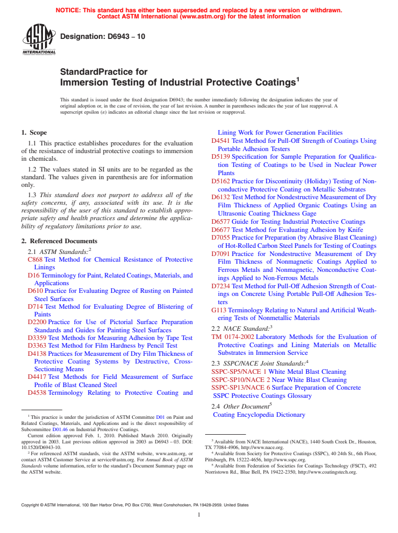 ASTM D6943-10 - Standard Practice for Immersion Testing of Industrial Protective Coatings