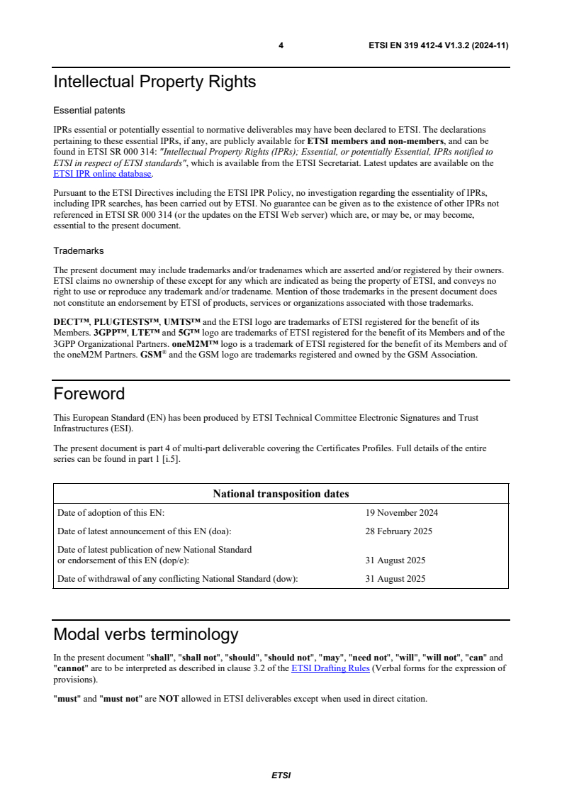 SIST EN 319 412-4 V1.3.2:2025 ETSI EN 319 412-4 V1.3.2 (2024-11) - Electronic Signatures and Trust Infrastructures (ESI); Certificate Profiles; Part 4: Certificate profile for web site certificates - Page 4 preview