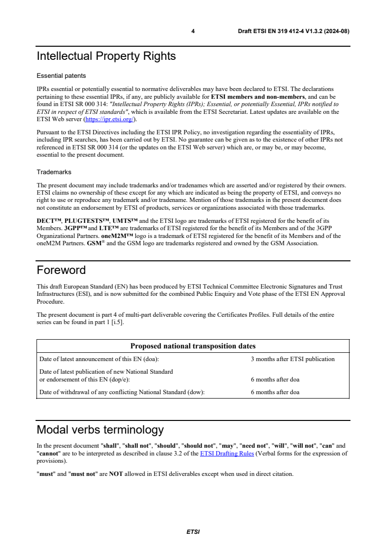 SIST EN 319 412-4 V1.3.2:2025 ETSI EN 319 412-4 V1.3.2 (2024-08) - Electronic Signatures and Trust Infrastructures (ESI); Certificate Profiles; Part 4: Certificate profile for web site certificates - Page 4 preview