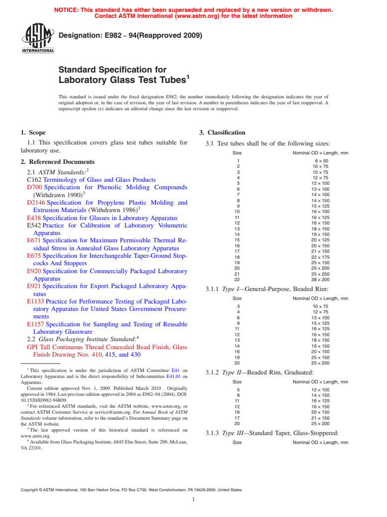 ASTM E982-94(2009) - Standard Specification for Laboratory Glass Test Tubes