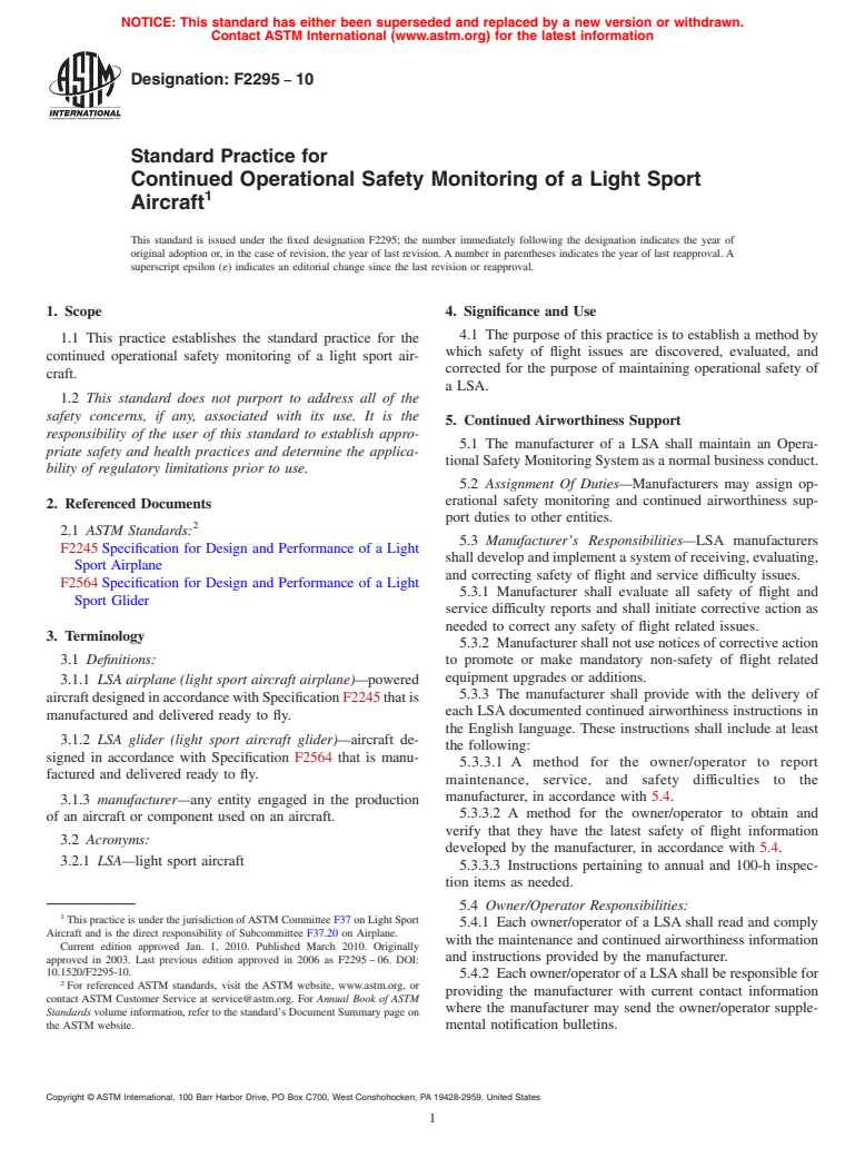 ASTM F2295-10 - Standard Practice for Continued Operational Safety Monitoring of a Light Sport Aircraft (Withdrawn 2019)