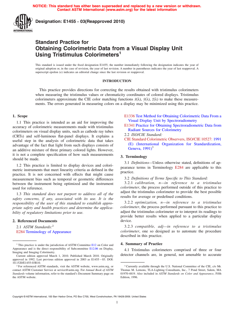 ASTM E1455-03(2010) - Standard Practice for Obtaining Colorimetric Data from a Visual Display Unit Using Tristimulus Colorimeters