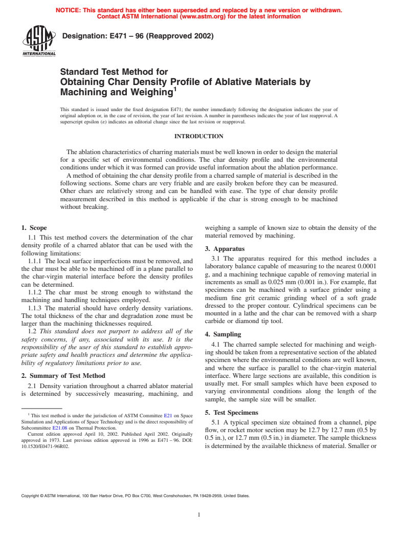 ASTM E471-96(2002) - Standard Test Method for Obtaining Char Density Profile of Ablative Materials by Machining and Weighing