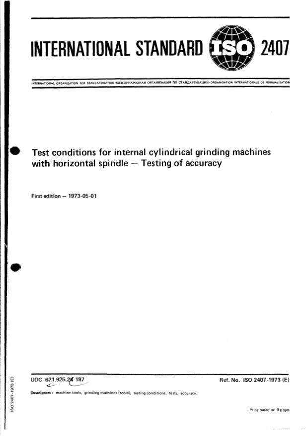 ISO 2407:1973 - Test conditions for internal cylindrical grinding machines with horizontal spindle -- Testing of accuracy