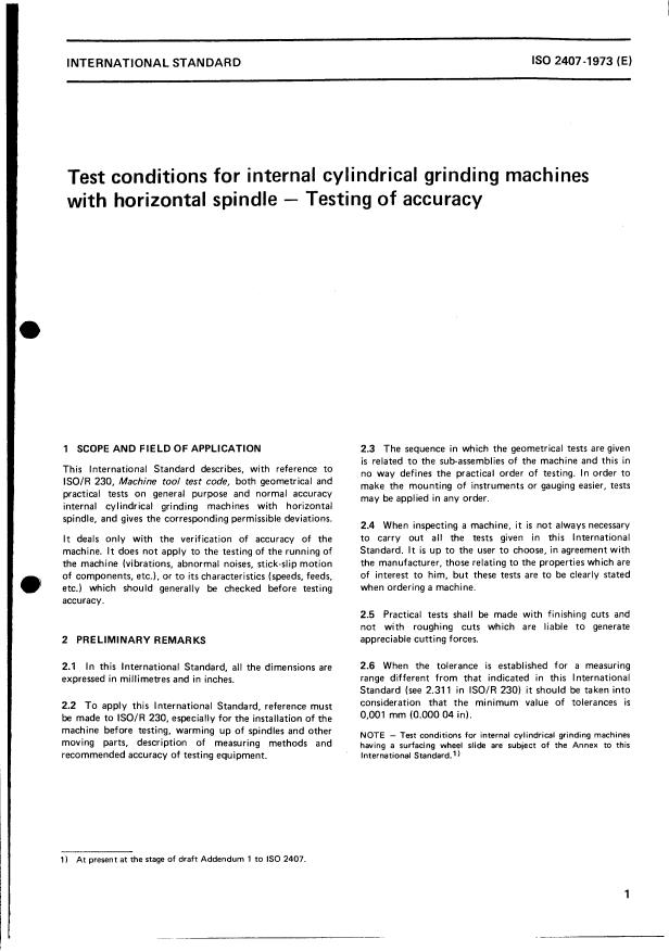 ISO 2407:1973 - Test conditions for internal cylindrical grinding machines with horizontal spindle -- Testing of accuracy