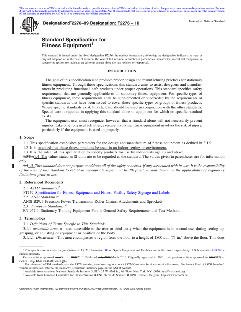 REDLINE ASTM F2276-10 - Standard Specification for Fitness Equipment
