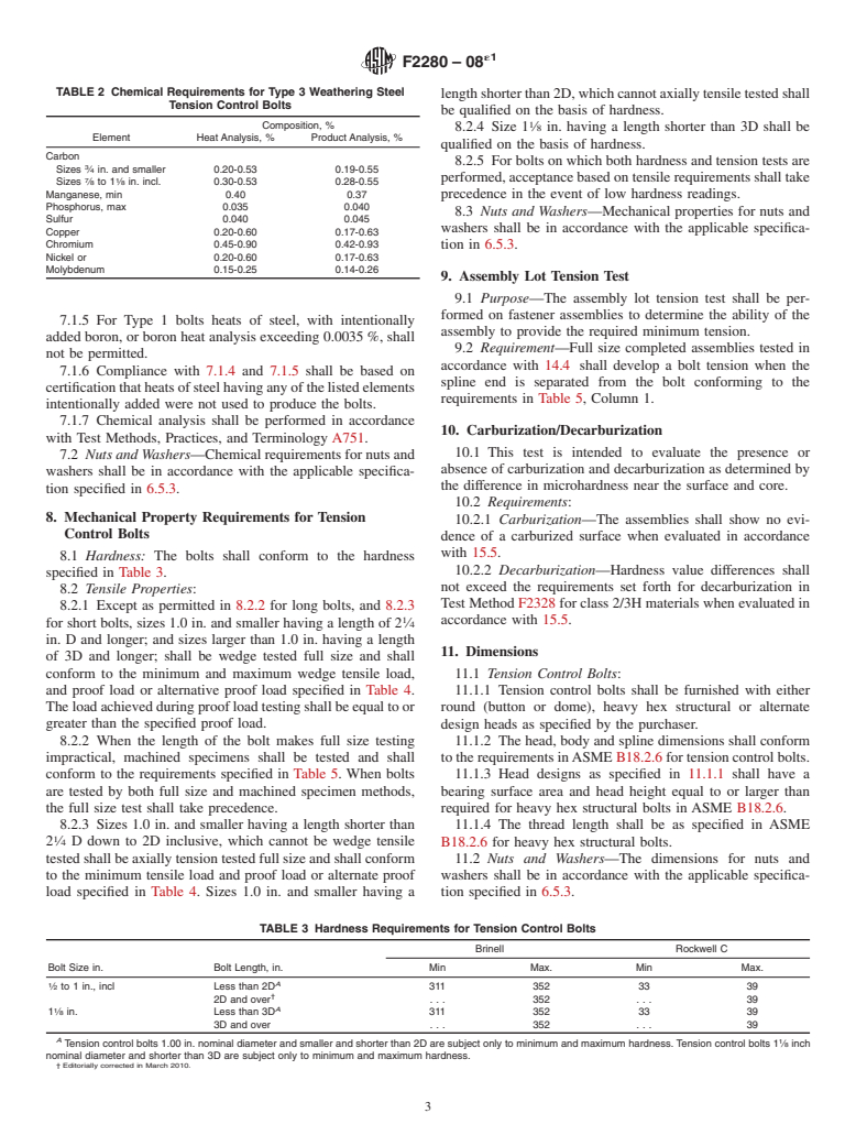 ASTM F2280-08e1 - Standard Specification for <span class='unicode'>&#x201C;</span>Twist Off<span class='unicode'>&#x201D;</span> Type Tension Control Structural Bolt/Nut/Washer   Assemblies, Steel, Heat Treated, 150 ksi Minimum Tensile Strength