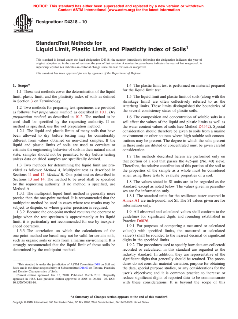 ASTM D4318-10 - Standard Test Methods for Liquid Limit, Plastic Limit, and Plasticity Index of Soils