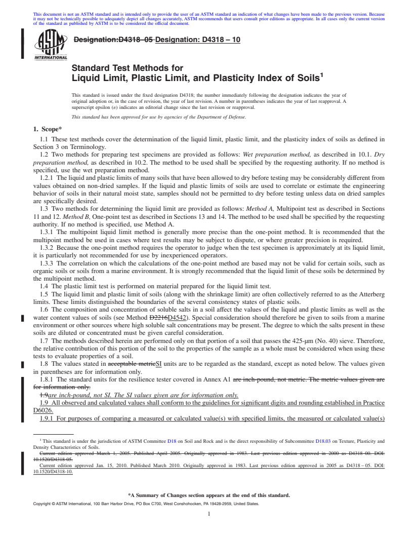 REDLINE ASTM D4318-10 - Standard Test Methods for Liquid Limit, Plastic Limit, and Plasticity Index of Soils