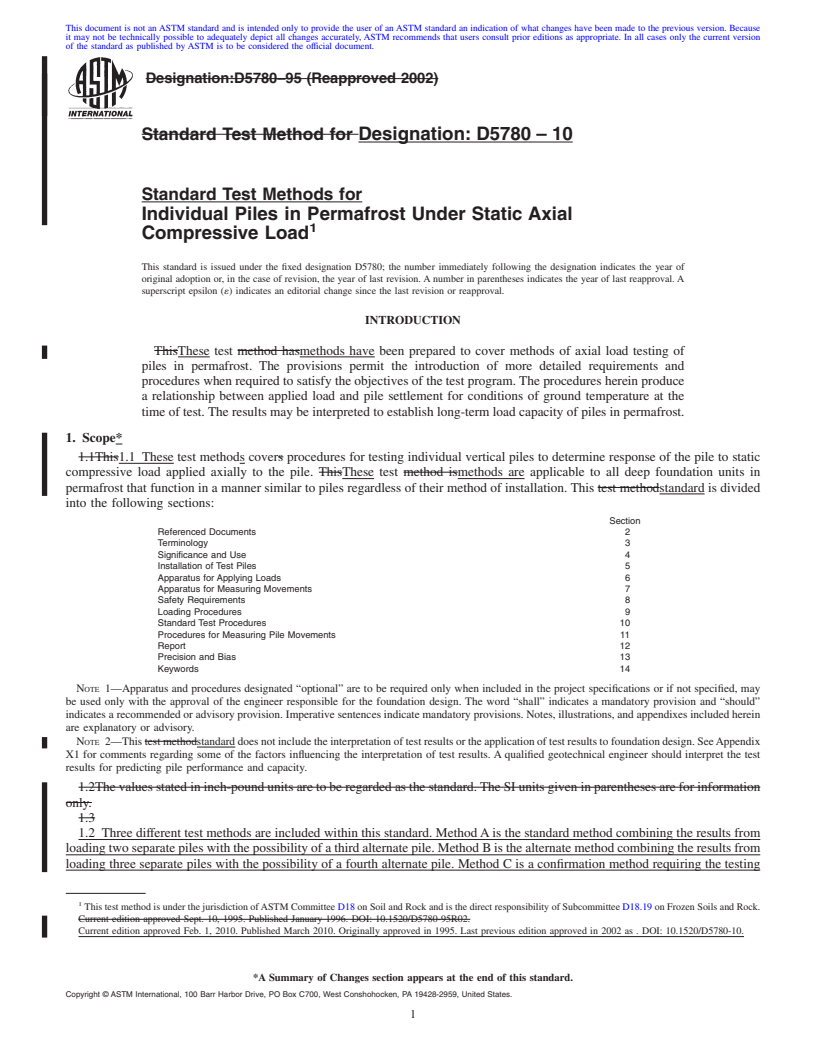 REDLINE ASTM D5780-10 - Standard Test Method for Individual Piles in Permafrost Under Static Axial Compressive Load