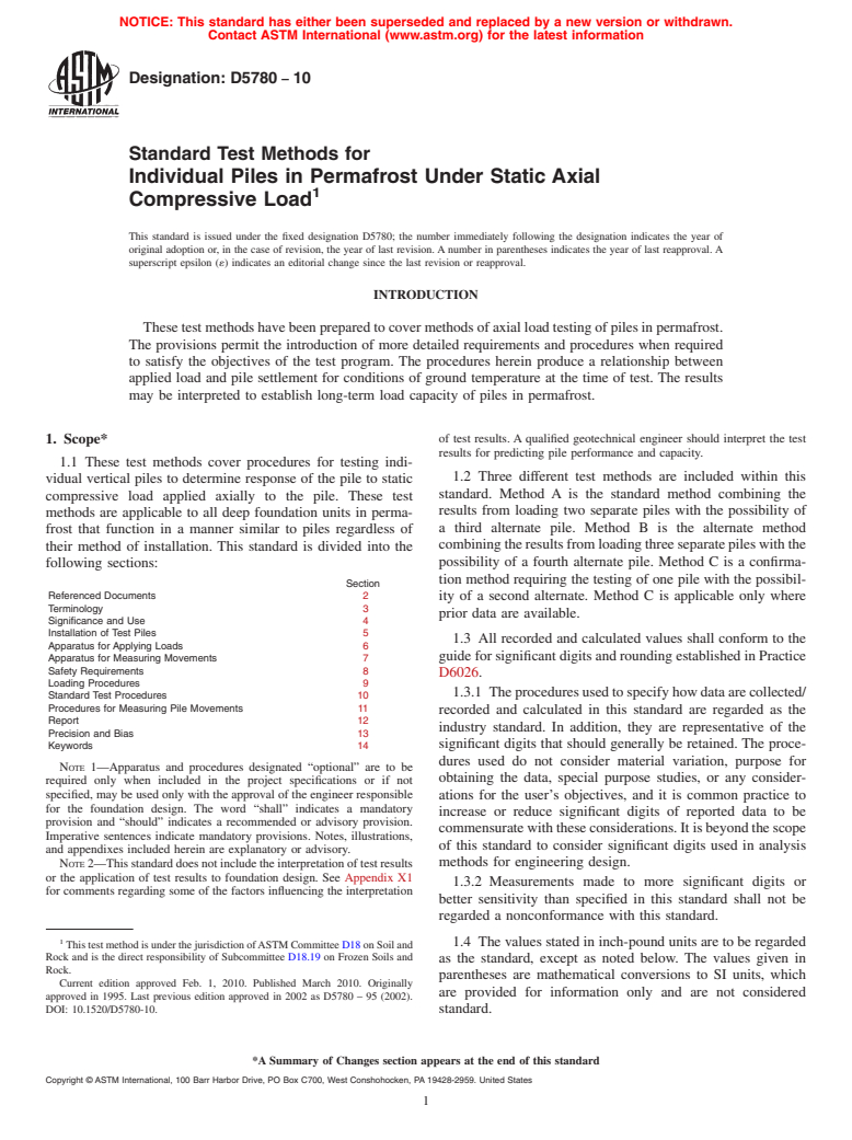 ASTM D5780-10 - Standard Test Method for Individual Piles in Permafrost Under Static Axial Compressive Load