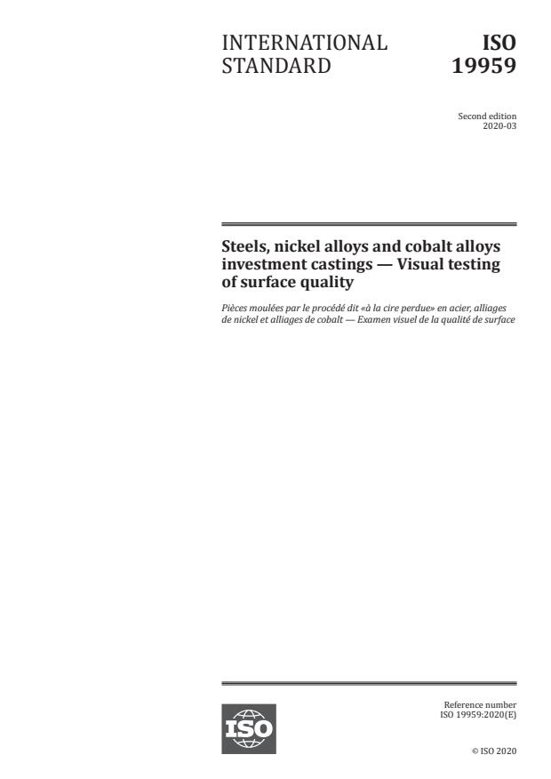 ISO 19959:2020 - Steels, nickel alloys and cobalt alloys investment castings -- Visual testing of surface quality