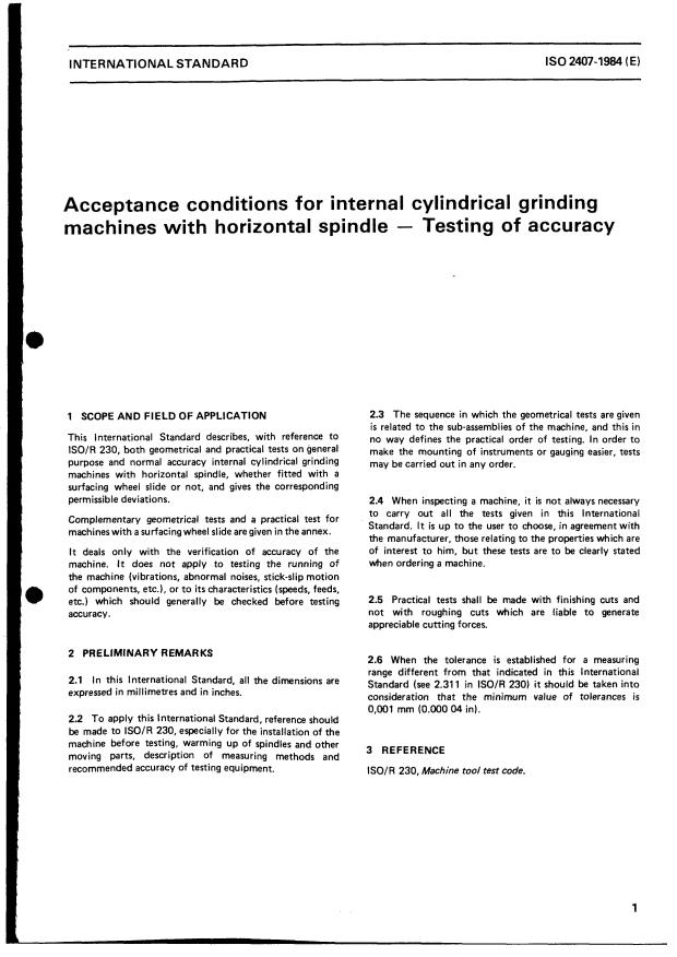 ISO 2407:1984 - Acceptance conditions for internal cylindrical grinding machines with horizontal spindle -- Testing of accuracy