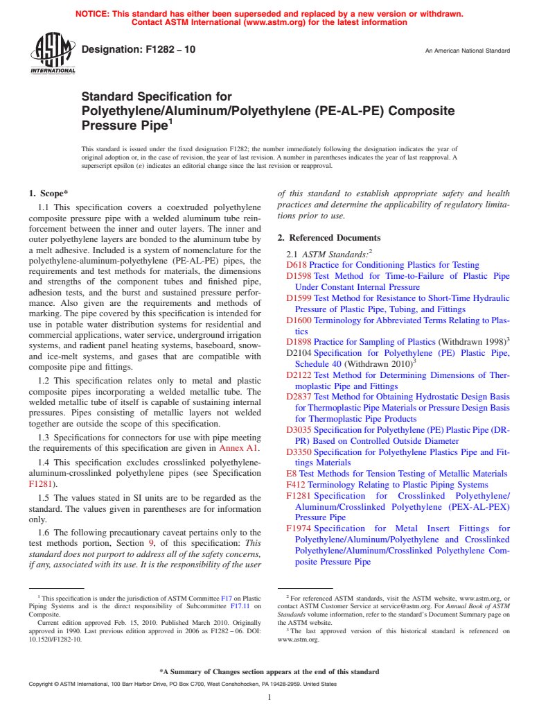 ASTM F1282-10 - Standard Specification for Polyethylene/Aluminum/Polyethylene (PE-AL-PE) Composite Pressure Pipe