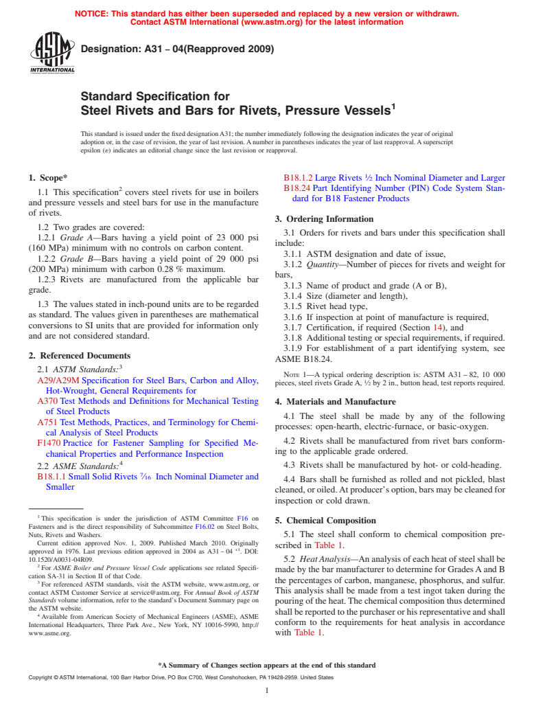 ASTM A31-04(2009) - Standard Specification for Steel Rivets and Bars for Rivets, Pressure Vessels