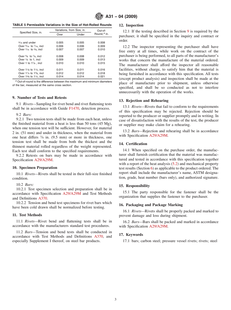 ASTM A31-04(2009) - Standard Specification for Steel Rivets and Bars for Rivets, Pressure Vessels