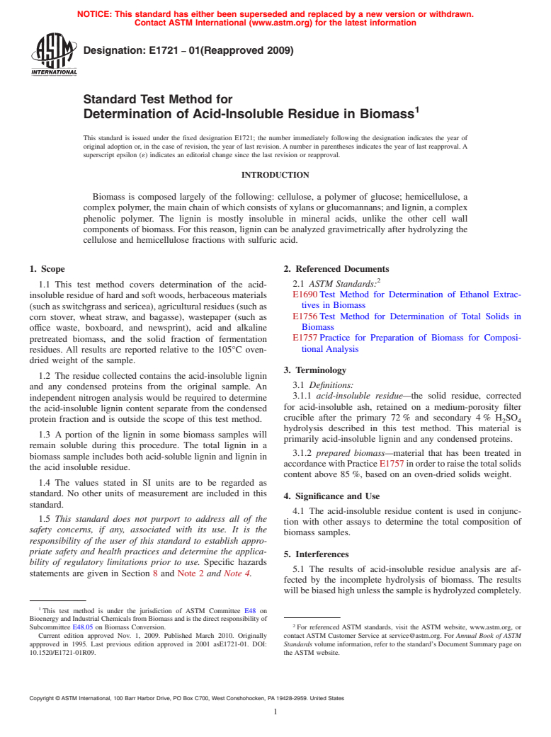 ASTM E1721-01(2009) - Standard Test Method for Determination of Acid-Insoluble Residue in Biomass