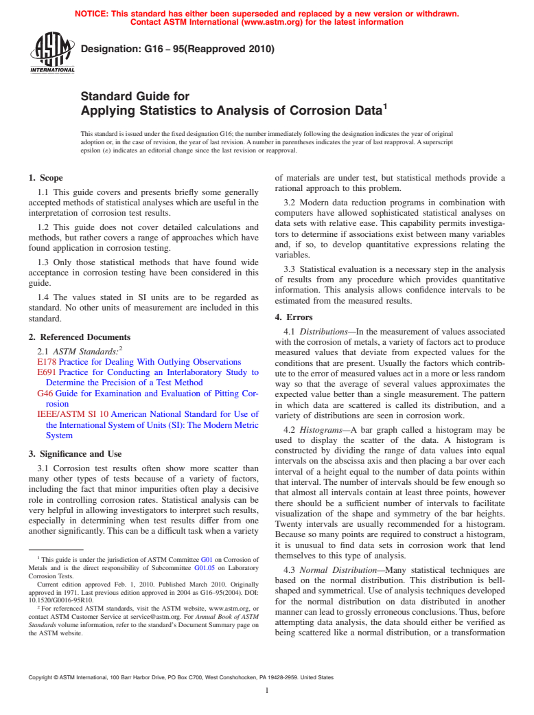 ASTM G16-95(2010) - Standard Guide for Applying Statistics to Analysis of Corrosion Data