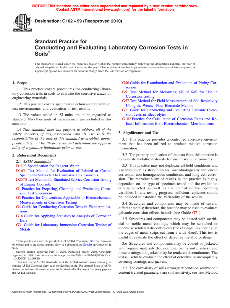 ASTM G162-99(2010) - Standard Practice for Conducting and Evaluating Laboratory Corrosions Tests in Soils