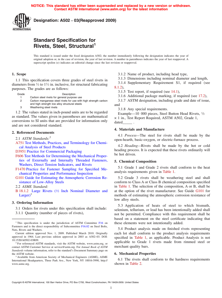 ASTM A502-03(2009) - Standard Specification for Rivets, Steel, Structural