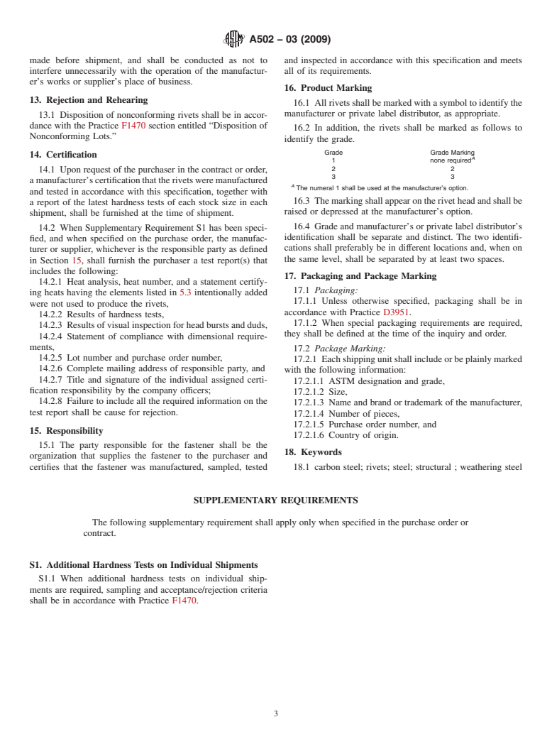 ASTM A502-03(2009) - Standard Specification for Rivets, Steel, Structural