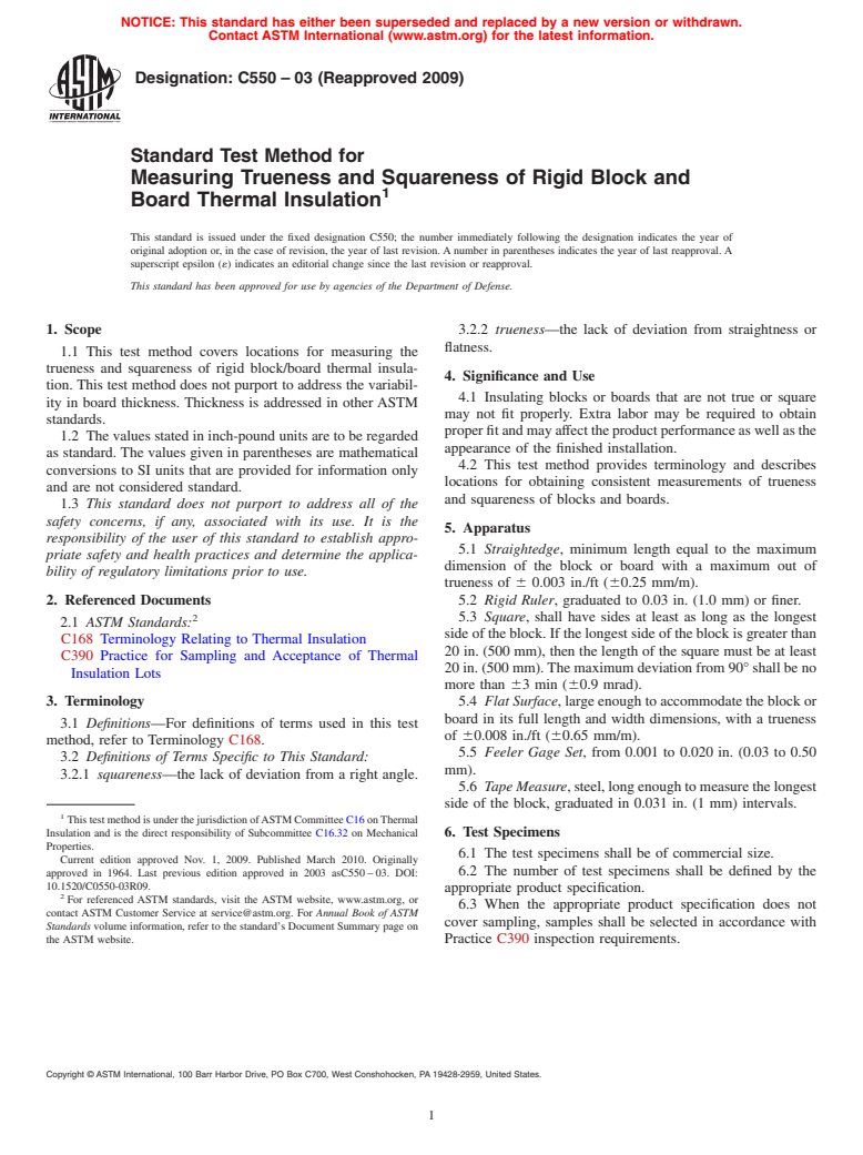 ASTM C550-03(2009) - Standard Test Method for Measuring Trueness and Squareness of Rigid Block and Board Thermal Insulation