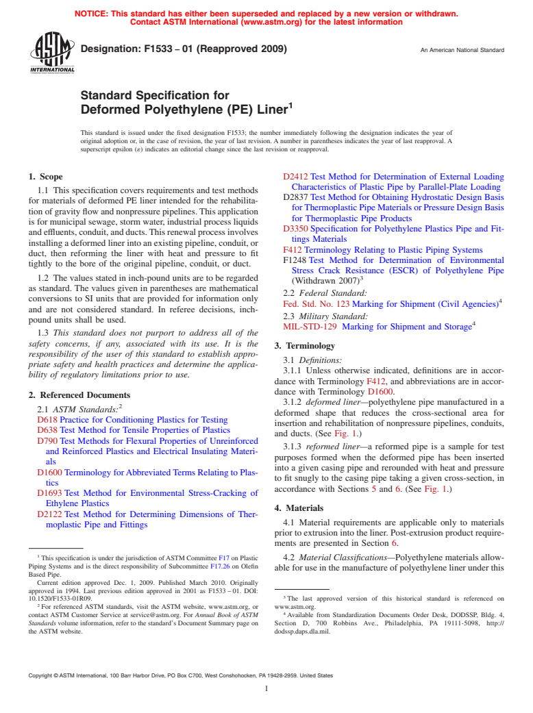 ASTM F1533-01(2009) - Standard Specification for Deformed Polyethylene (PE) Liner (Withdrawn 2018)