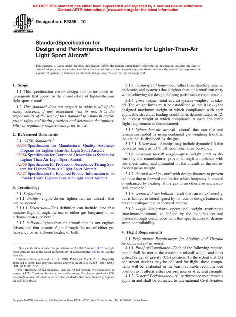 ASTM F2355-10 - Standard Specification for Design and Performance Requirements for Lighter-Than-Air Light Sport Aircraft